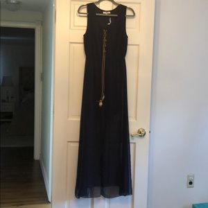 NWT! Navy blue maxi dress with feather detail